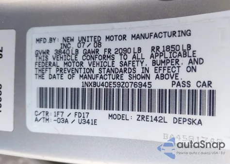 2009 Toyota Corolla S/Le/Xle from USA, damaged, VIN 1NXBU40E59Z076945